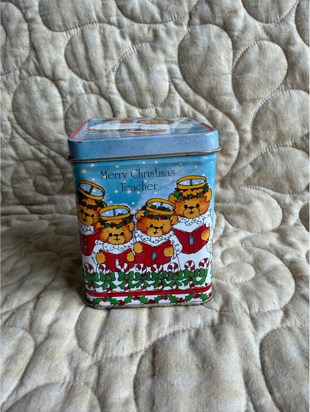 Vtg Lucy & Me Angel Bears 3.75" x 3" Tin "Merry Christmas Teacher" 1984